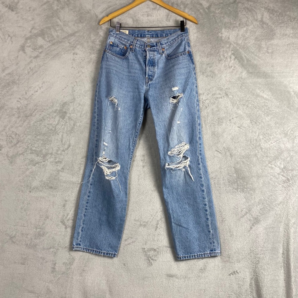 Levis 501 Original Fit Light Wash Distressed Straight Leg Jeans W26 L30 A1959